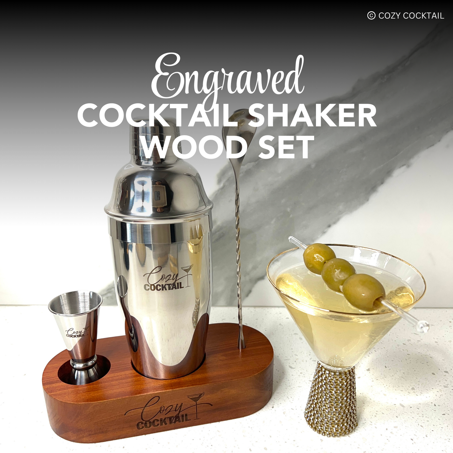 Engraved Luxury Cocktail Shaker Wood Set
