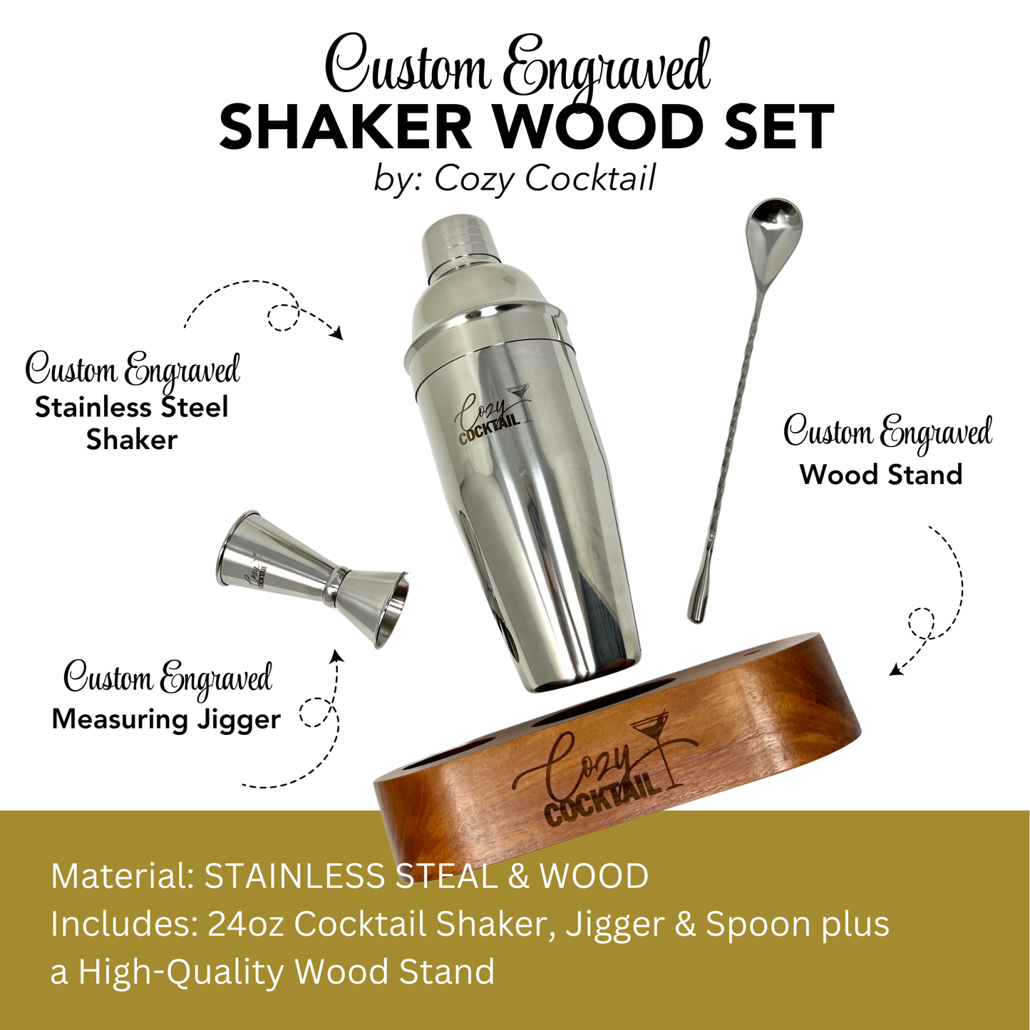 Engraved Luxury Cocktail Shaker Wood Set